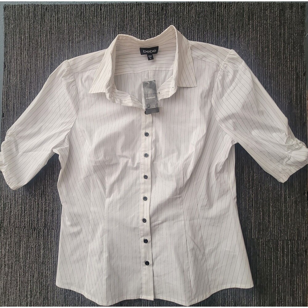 Bebe Button Up Top XL  Striped Blouse Office Business White 3/4 Sleev…